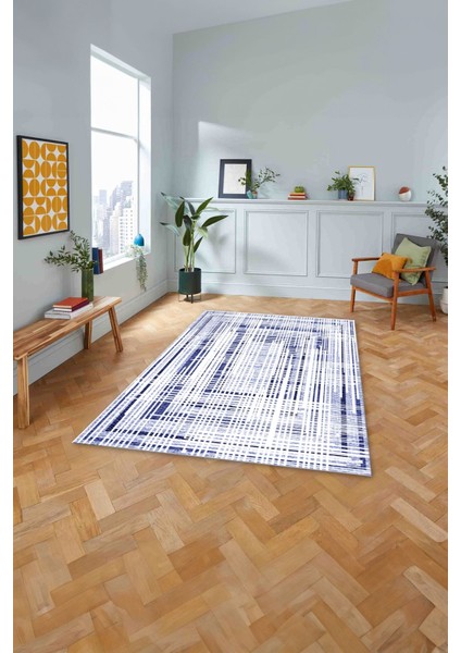 Dijital Baskılı Sade Çizgi Motifli Yıkanabilir Kaymaz Yolluk Mutfak Salon Halısı, Sade-84-Mavi, fırsatları