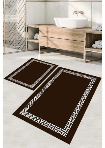 Dijital Baskılı Yıkanabilir Kaymaz Sade Çerçeveli Banyo Paspası Klozet Takımı, Klozet-56-Kahve,
