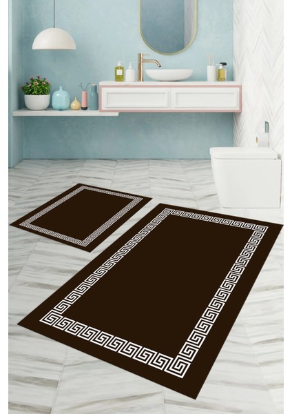 Dijital Baskılı Yıkanabilir Kaymaz Sade Çerçeveli Banyo Paspası Klozet Takımı, Klozet-56-Kahve, fiyatları