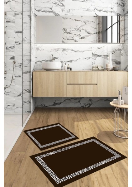 Dijital Baskılı Yıkanabilir Kaymaz Sade Çerçeveli Banyo Paspası Klozet Takımı, Klozet-56-Kahve, indirimleri