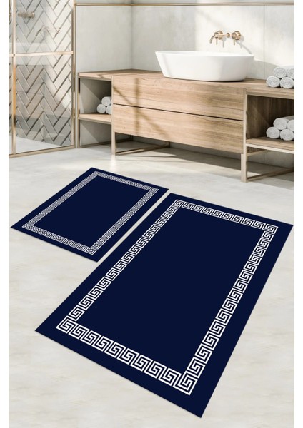 Dijital Baskılı Yıkanabilir Kaymaz Sade Çerçeveli Banyo Paspası Klozet Takımı, Klozet-56-Lacivert,