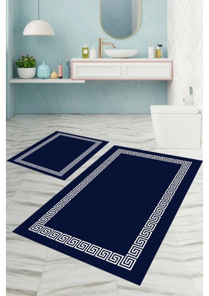 Dijital Baskılı Yıkanabilir Kaymaz Sade Çerçeveli Banyo Paspası Klozet Takımı, Klozet-56-Lacivert, fiyatları