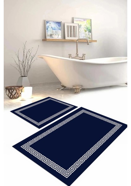 Dijital Baskılı Yıkanabilir Kaymaz Sade Çerçeveli Banyo Paspası Klozet Takımı, Klozet-56-Lacivert, fırsatları