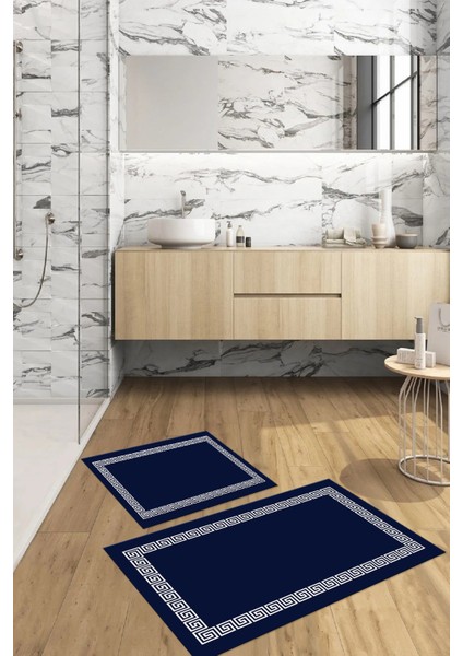Dijital Baskılı Yıkanabilir Kaymaz Sade Çerçeveli Banyo Paspası Klozet Takımı, Klozet-56-Lacivert, indirimleri