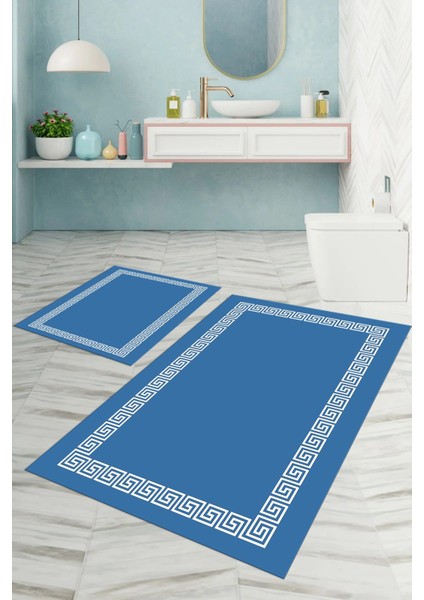 Dijital Baskılı Yıkanabilir Kaymaz Sade Çerçeveli Banyo Paspası Klozet Takımı, Klozet-56-Mavi,