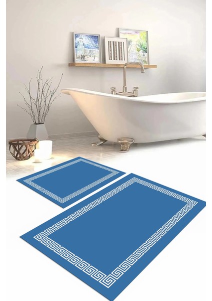 Dijital Baskılı Yıkanabilir Kaymaz Sade Çerçeveli Banyo Paspası Klozet Takımı, Klozet-56-Mavi,