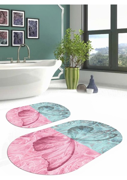 Dijital Yıkanabilir Renkli Kelebek Model Oval Banyo Paspası Klozet Takımı, Klozet-64-Renkli,