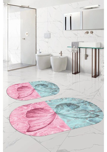 Dijital Yıkanabilir Renkli Kelebek Model Oval Banyo Paspası Klozet Takımı, Klozet-64-Renkli,