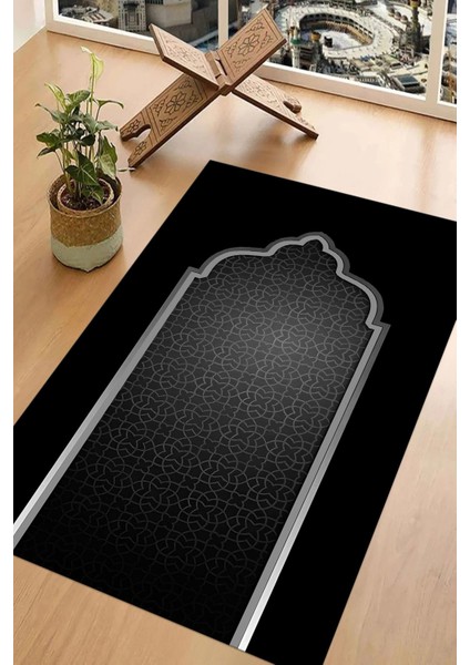 Dijital Baskılı Kaymaz Taban Yıkanabilir Çeyizlik Namazlık Seccade, Seccade-78-Siyah,