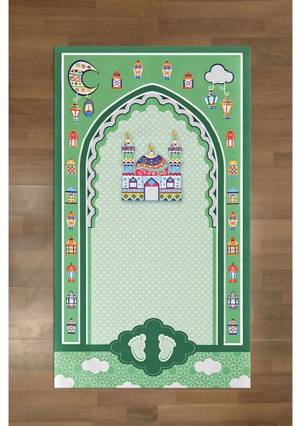 Dijital Baskılı Kaymaz Taban Yıkanabilir Çocuklar Için Eğitici Namazlık Seccade, Seccade-90-Yeşil,