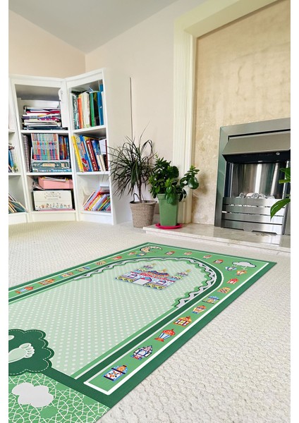 Dijital Baskılı Kaymaz Taban Yıkanabilir Çocuklar Için Eğitici Namazlık Seccade, Seccade-90-Yeşil, fırsatları