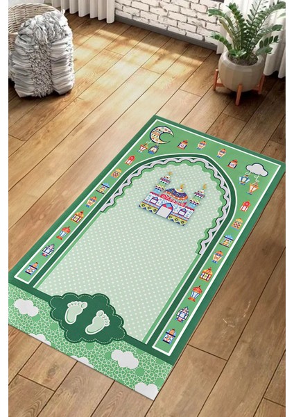 Dijital Baskılı Kaymaz Taban Yıkanabilir Çocuklar Için Eğitici Namazlık Seccade, Seccade-90-Yeşil, indirimleri