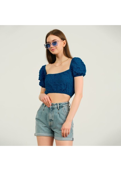 Kadın Mavi Crop T-Shirt