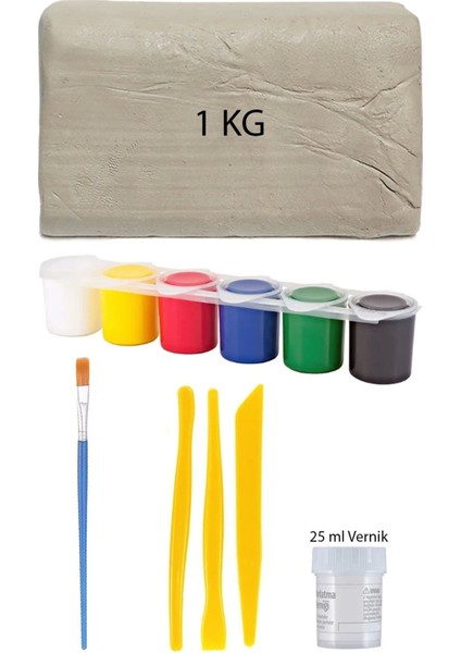 Beyaz Seramik Hamuru 1 kg Kil Plastik Ebeşuar Seti 6X15 ml Akrilik Set 25 ml Partlatma Verniği