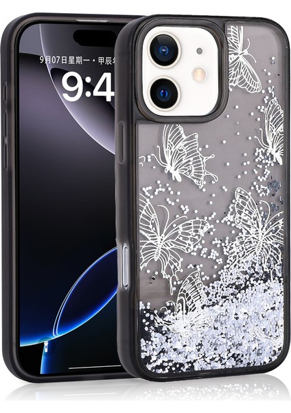 Apple iPhone 12 Kılıf Sıvılı Simli Kelebek Baskılı Şeffaf Arka Yüzey Glis Silikon Kapak