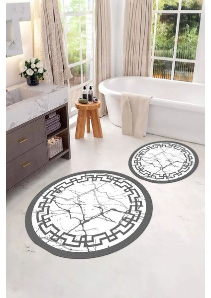 Dijital Yıkanabilir Çerçeveli Mermer Model Yuvarlak Banyo Paspası Klozet Takımı, Klozet-57-Gri,