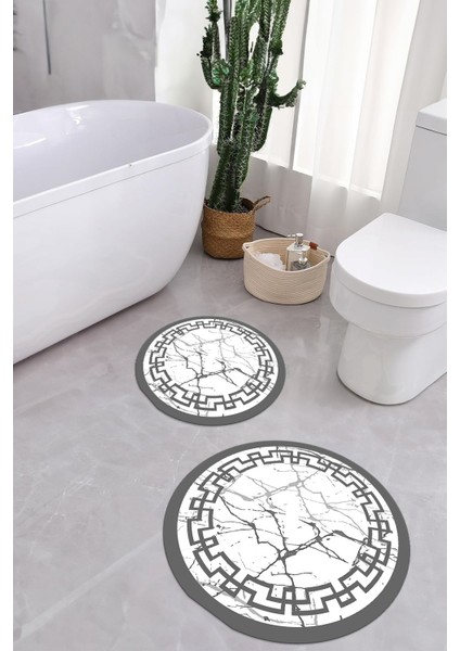 Dijital Yıkanabilir Çerçeveli Mermer Model Yuvarlak Banyo Paspası Klozet Takımı, Klozet-57-Gri,
