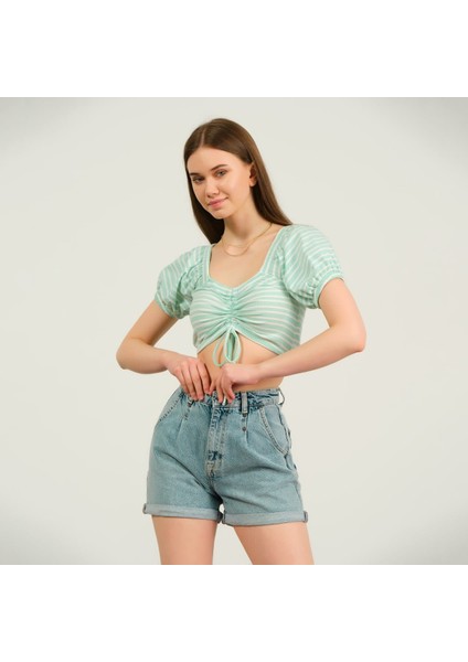Kadın Büzgülü Çizgili Crop T-Shirt