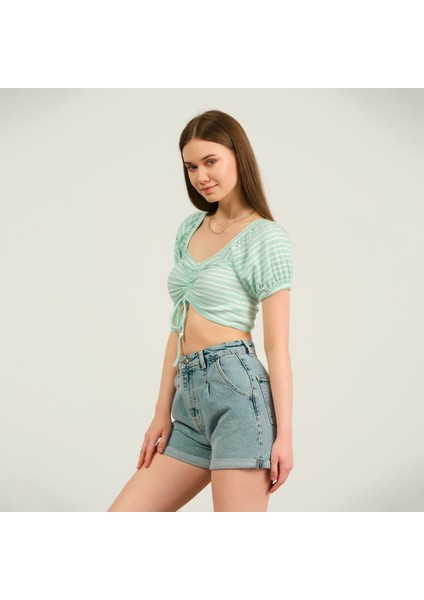 Kadın Büzgülü Çizgili Crop T-Shirt fiyatları