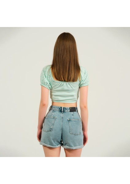 Kadın Büzgülü Çizgili Crop T-Shirt modelleri