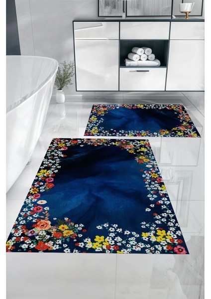 Dijital Baskılı Yıkanabilir Renkli Çiçek Desenli Banyo Paspası Klozet Takımı, Klozet-90-Lacivert, fiyatları