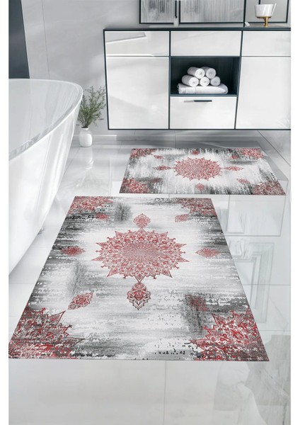 Dijital Baskılı Yıkanabilir Sade Vektörel Desenli Banyo Paspası Klozet Takımı, Klozet-95-Bordo,