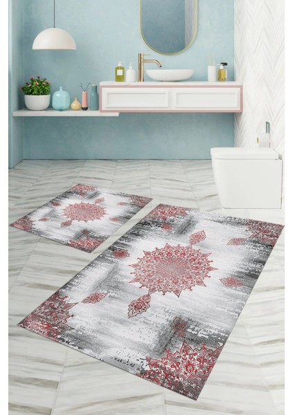 Dijital Baskılı Yıkanabilir Sade Vektörel Desenli Banyo Paspası Klozet Takımı, Klozet-95-Bordo,