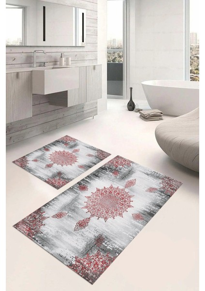 Dijital Baskılı Yıkanabilir Sade Vektörel Desenli Banyo Paspası Klozet Takımı, Klozet-95-Bordo,