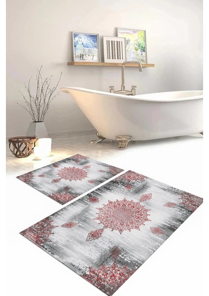 Dijital Baskılı Yıkanabilir Sade Vektörel Desenli Banyo Paspası Klozet Takımı, Klozet-95-Bordo,