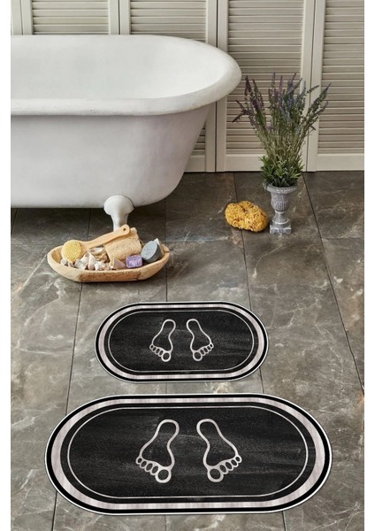 Dijital Baskılı Yıkanabilir Kaymaz Ayak Baskılı Oval Banyo Paspası Klozet Takımı, Klozet-51-Gri,