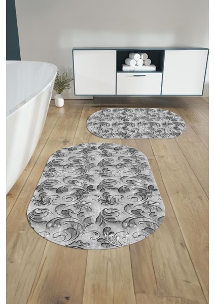 Dijital Yıkanabilir Kaymaz Akrilik Desenli Oval Banyo Paspası Klozet Takımı, Klozet-83-Gri,