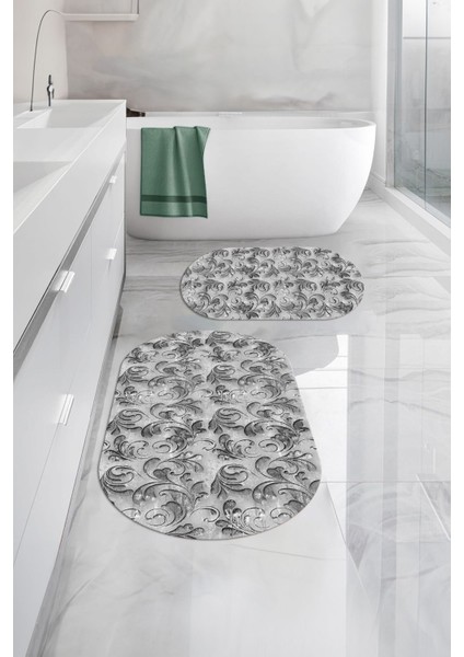 Dijital Yıkanabilir Kaymaz Akrilik Desenli Oval Banyo Paspası Klozet Takımı, Klozet-83-Gri, fiyatları