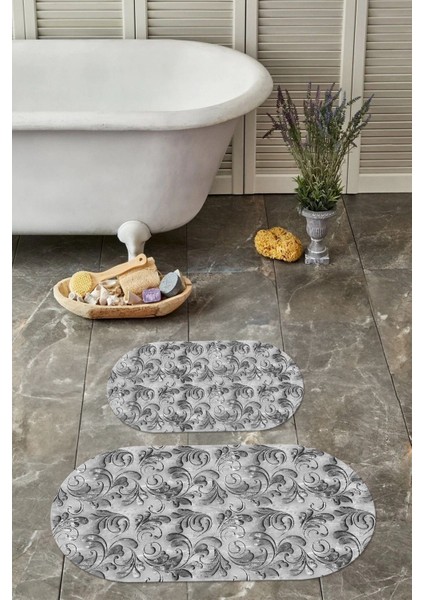 Dijital Yıkanabilir Kaymaz Akrilik Desenli Oval Banyo Paspası Klozet Takımı, Klozet-83-Gri, fırsatları