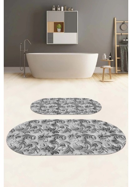 Dijital Yıkanabilir Kaymaz Akrilik Desenli Oval Banyo Paspası Klozet Takımı, Klozet-83-Gri, indirimleri