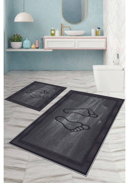 Dijital Baskılı Yıkanabilir Kaymaz Ayak Baskılı Banyo Paspası Klozet Takımı, Klozet-51-Antrasit,