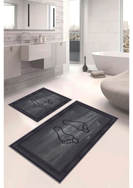 Dijital Baskılı Yıkanabilir Kaymaz Ayak Baskılı Banyo Paspası Klozet Takımı, Klozet-51-Antrasit,