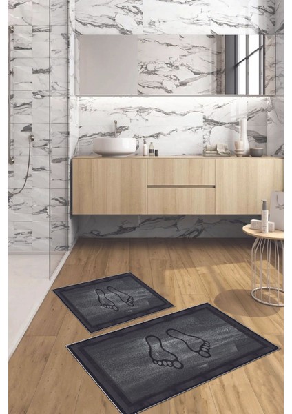 Dijital Baskılı Yıkanabilir Kaymaz Ayak Baskılı Banyo Paspası Klozet Takımı, Klozet-51-Antrasit,