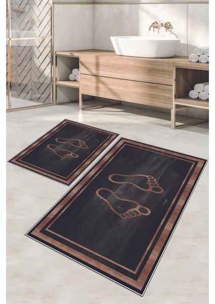 Dijital Baskılı Yıkanabilir Kaymaz Ayak Baskılı Banyo Paspası Klozet Takımı, Klozet-51-Siyah,