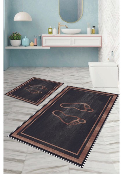 Dijital Baskılı Yıkanabilir Kaymaz Ayak Baskılı Banyo Paspası Klozet Takımı, Klozet-51-Siyah, fiyatları