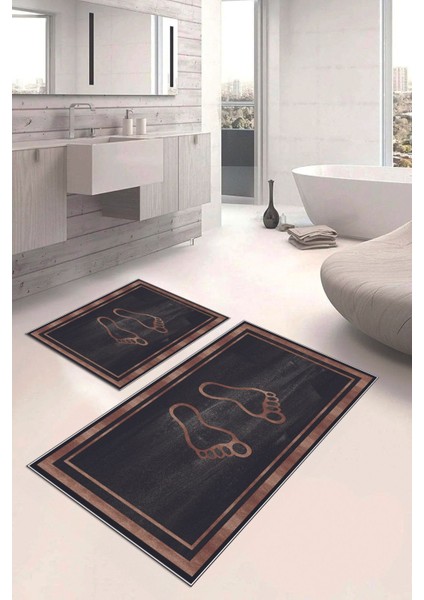 Dijital Baskılı Yıkanabilir Kaymaz Ayak Baskılı Banyo Paspası Klozet Takımı, Klozet-51-Siyah, modelleri