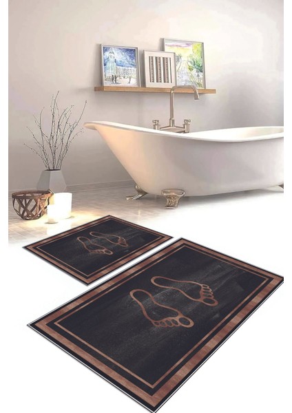 Dijital Baskılı Yıkanabilir Kaymaz Ayak Baskılı Banyo Paspası Klozet Takımı, Klozet-51-Siyah, fırsatları