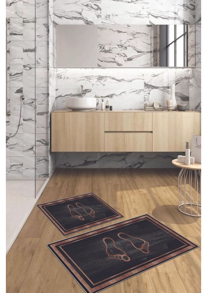 Dijital Baskılı Yıkanabilir Kaymaz Ayak Baskılı Banyo Paspası Klozet Takımı, Klozet-51-Siyah, indirimleri