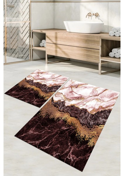 Dijital Baskılı Yıkanabilir Kaymaz Mermer Model Banyo Paspası Klozet Takımı, Klozet-55-Bordo,