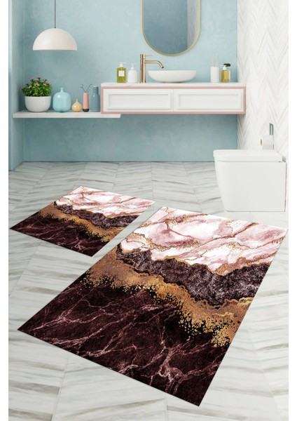 Dijital Baskılı Yıkanabilir Kaymaz Mermer Model Banyo Paspası Klozet Takımı, Klozet-55-Bordo,