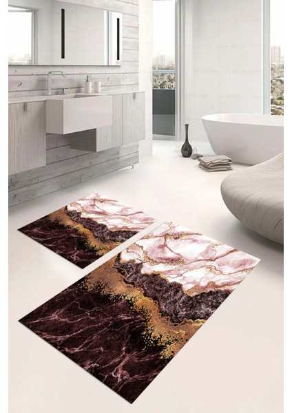 Dijital Baskılı Yıkanabilir Kaymaz Mermer Model Banyo Paspası Klozet Takımı, Klozet-55-Bordo,
