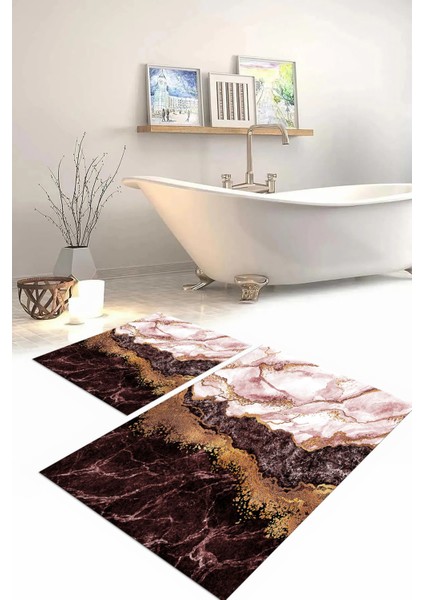 Dijital Baskılı Yıkanabilir Kaymaz Mermer Model Banyo Paspası Klozet Takımı, Klozet-55-Bordo,