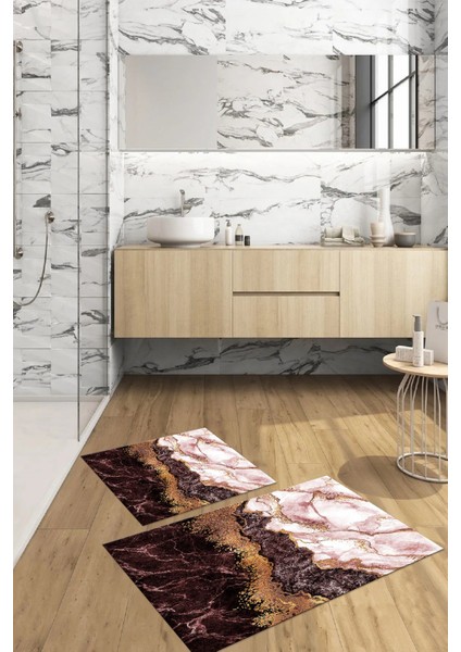 Dijital Baskılı Yıkanabilir Kaymaz Mermer Model Banyo Paspası Klozet Takımı, Klozet-55-Bordo,