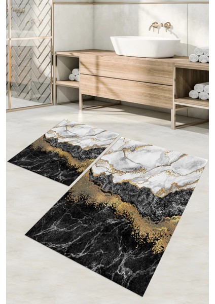 Dijital Baskılı Yıkanabilir Kaymaz Mermer Model Banyo Paspası Klozet Takımı, Klozet-55-Gri,