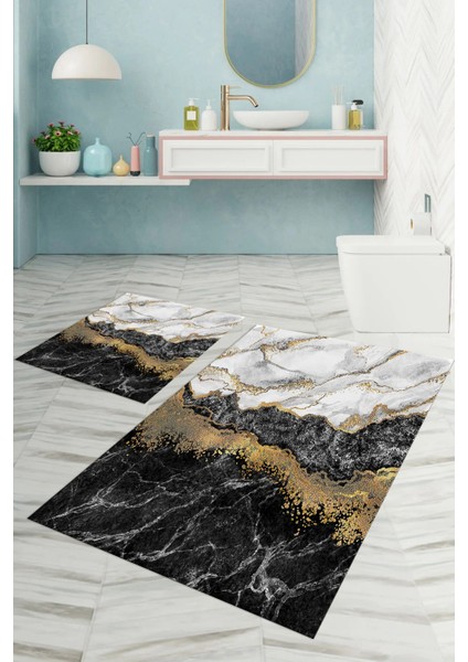Dijital Baskılı Yıkanabilir Kaymaz Mermer Model Banyo Paspası Klozet Takımı, Klozet-55-Gri,