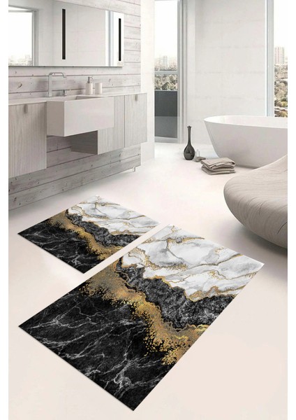 Dijital Baskılı Yıkanabilir Kaymaz Mermer Model Banyo Paspası Klozet Takımı, Klozet-55-Gri,